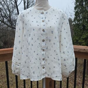 notPERFECTLINEN Floral Button Down Linen Blouse, Size XL